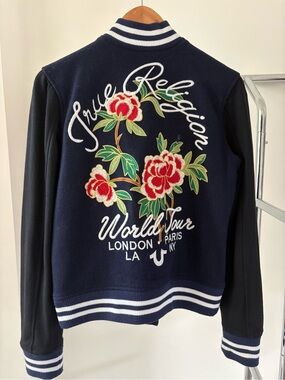 True Religion World Tour Floral Embroidered Varsity Jacket Navy S